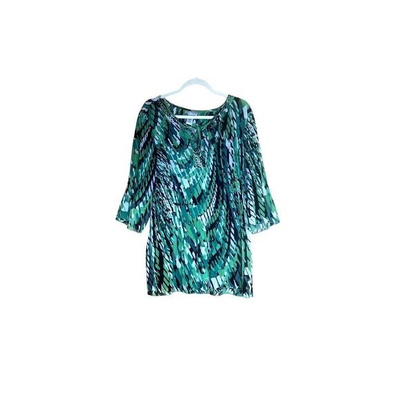Catherines womens size 0X tunic accordion pleats green abstract print - Picture 1 of 11